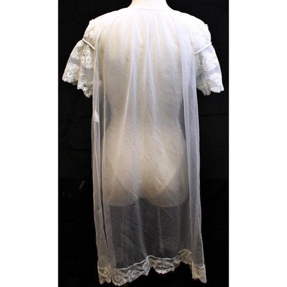 Vtg 60s Sexy Lingerie Short Sleeves Robe Cover Up White Sheer Lace Trim Sz Small - Picture 2 of 6